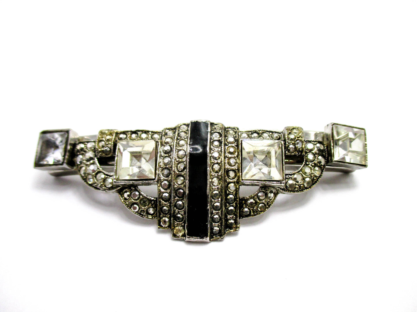 Art Deco Style Pin - Black Enamel and Clear Rhinestones