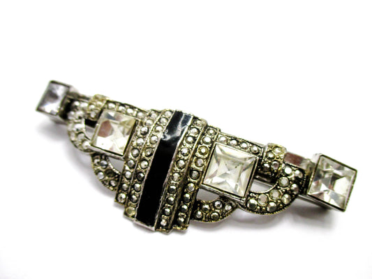 Art Deco Style Pin - Black Enamel and Clear Rhinestones