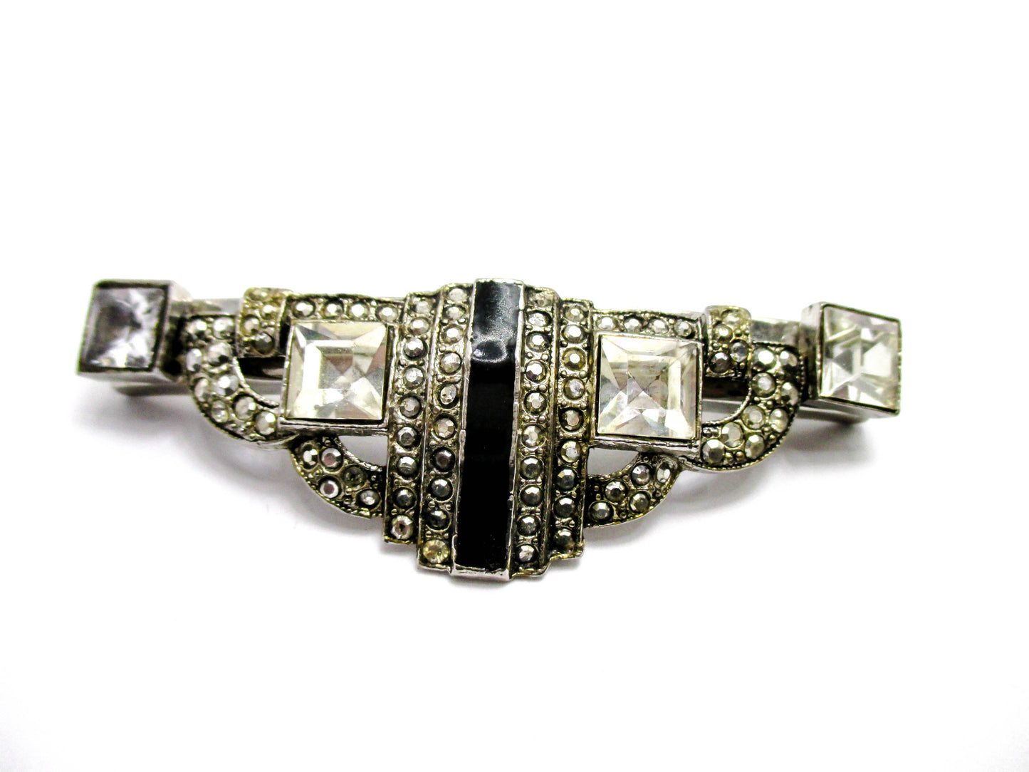 Art Deco Style Pin - Black Enamel and Clear Rhinestones