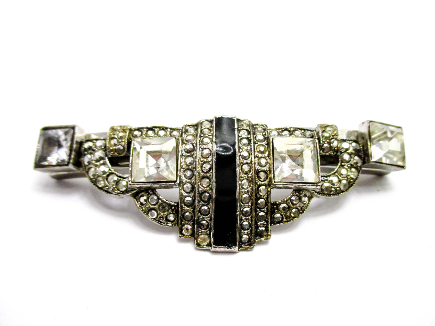 Art Deco Style Pin - Black Enamel and Clear Rhinestones