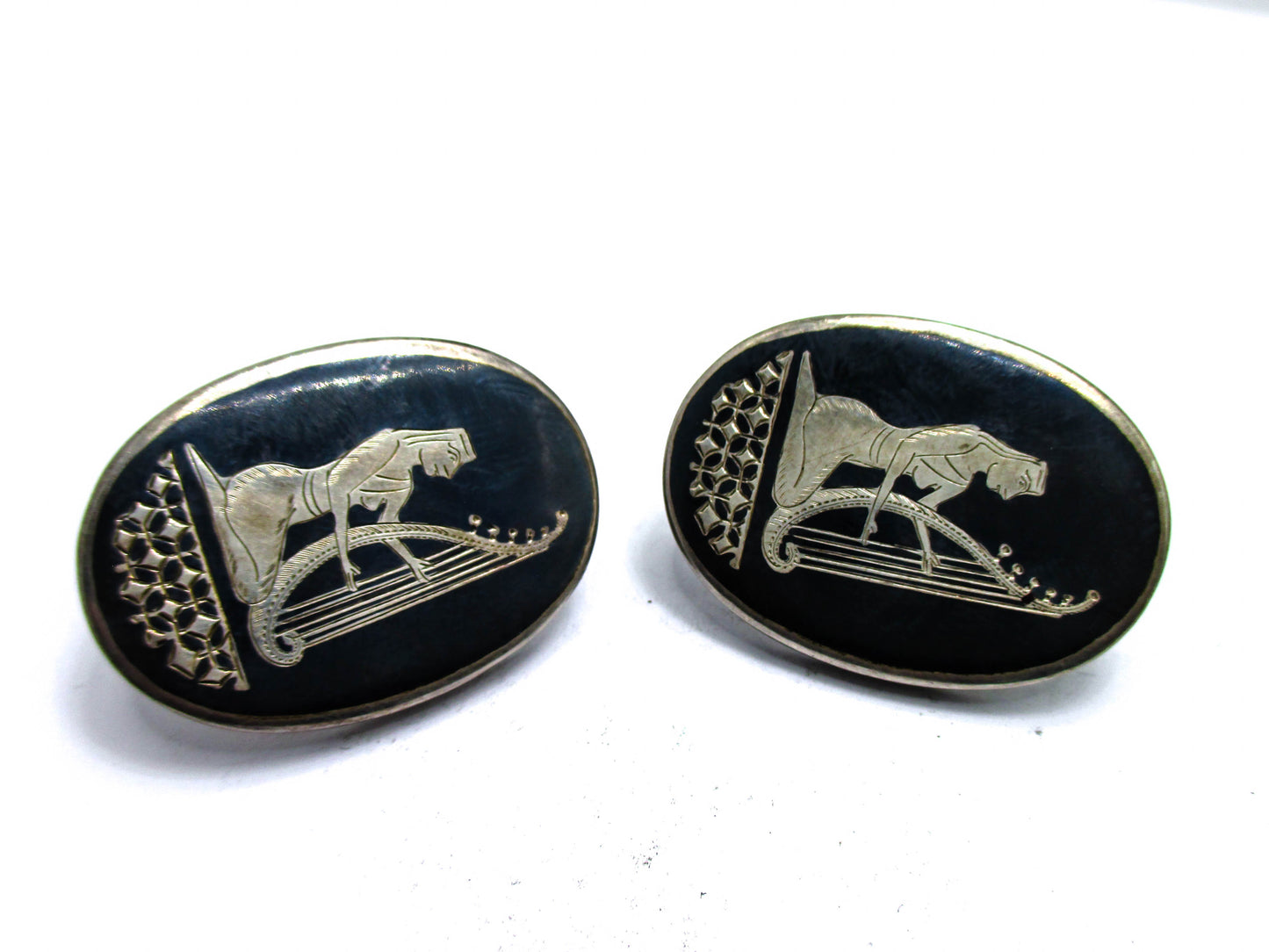 Siam Silver Niello Egyptian Revival Harp Cufflinks