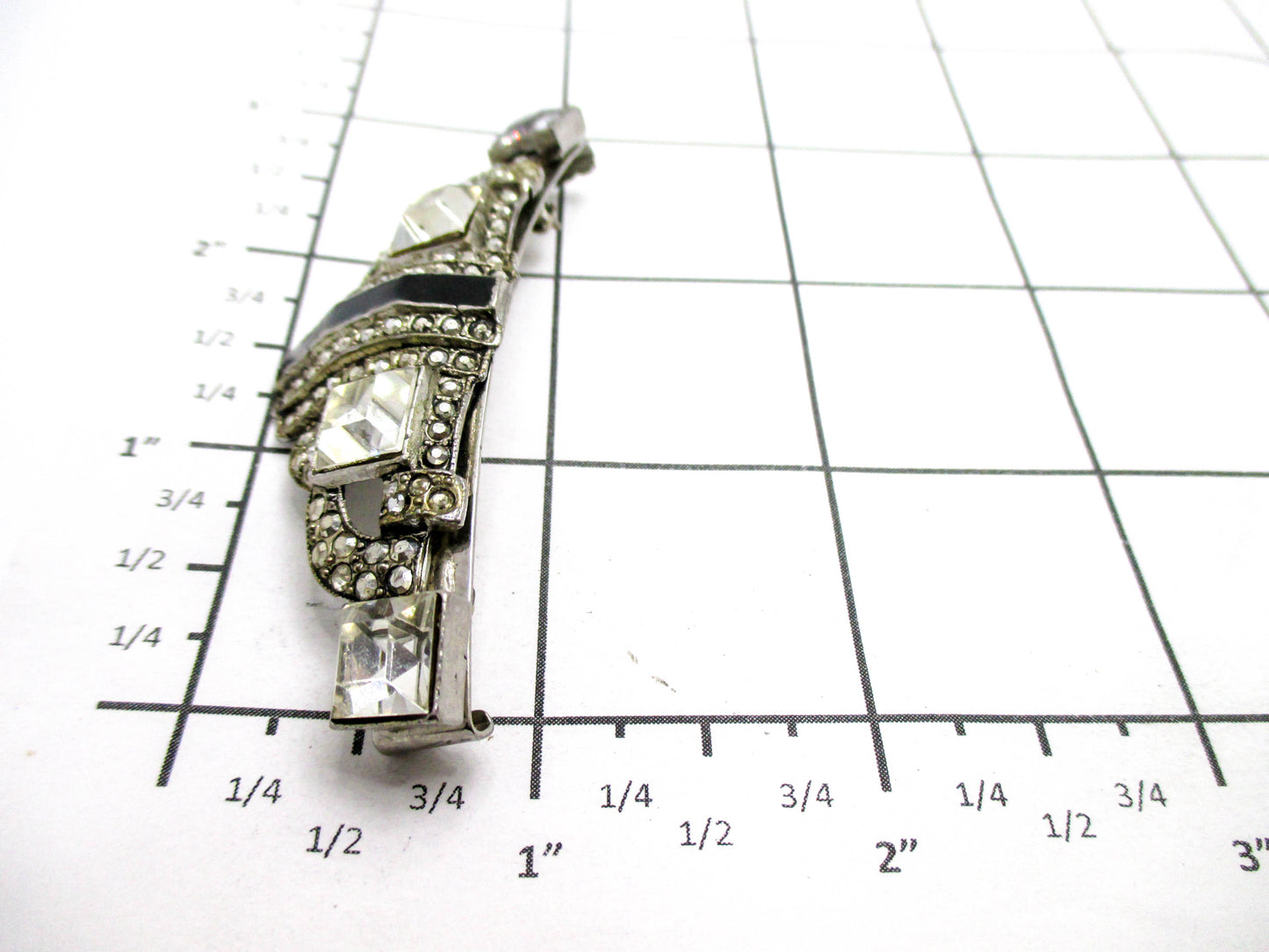 Art Deco Style Pin - Black Enamel and Clear Rhinestones