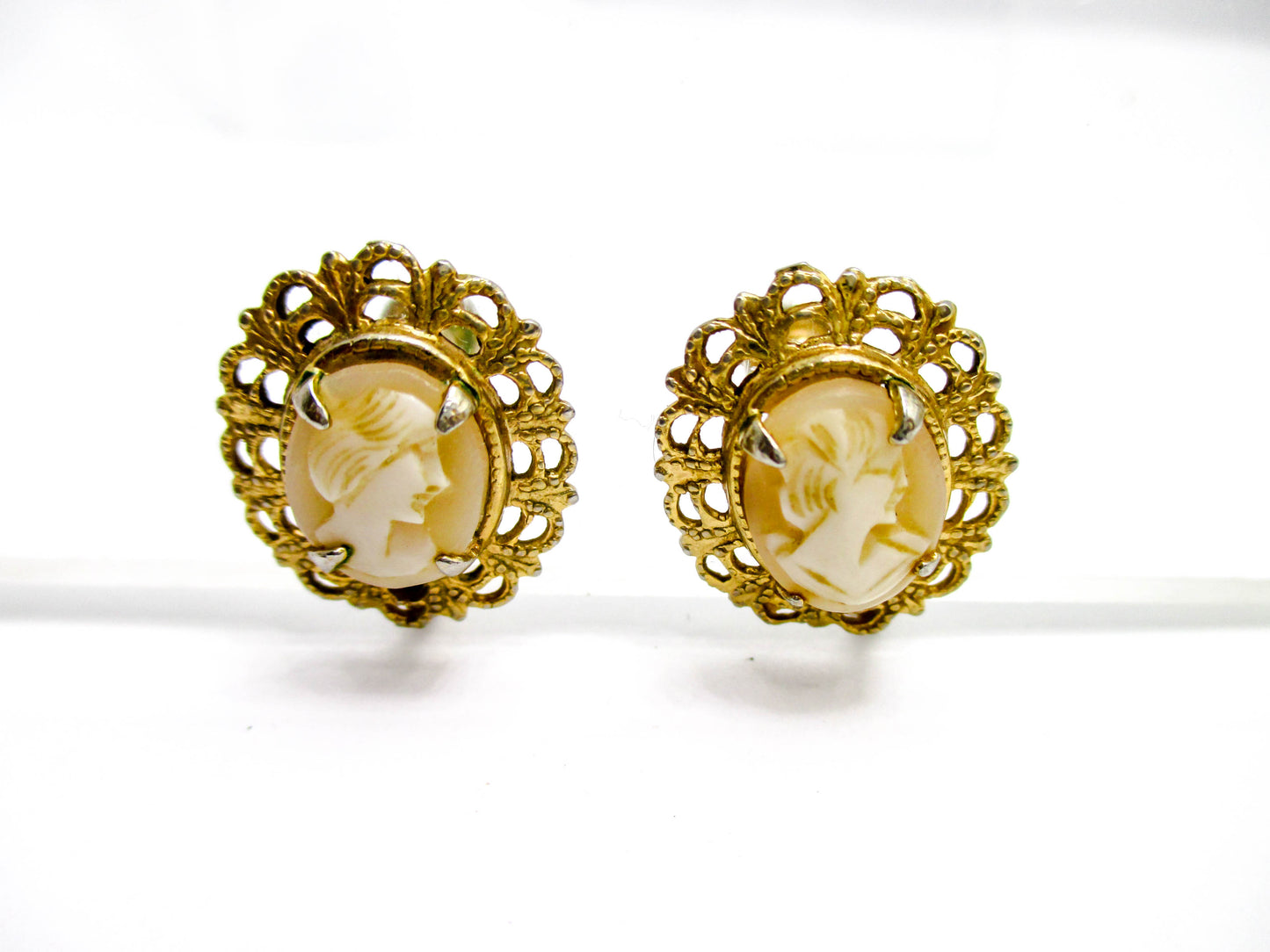 Carved Shell Cameo Earrings - Screw Back Style