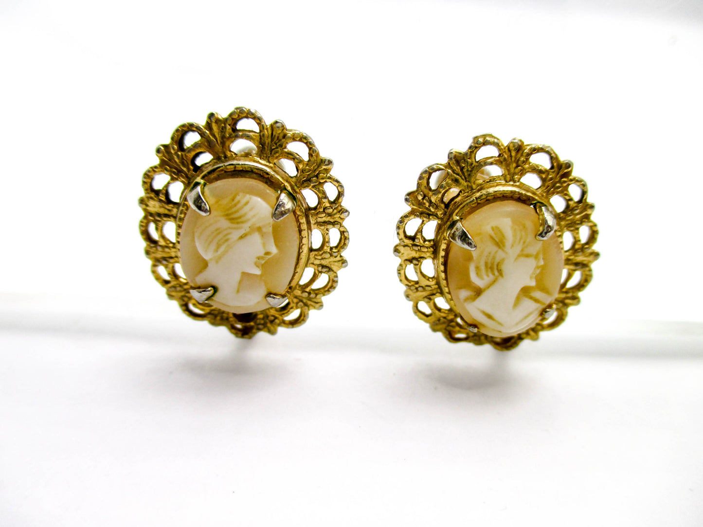 Carved Shell Cameo Earrings - Screw Back Style