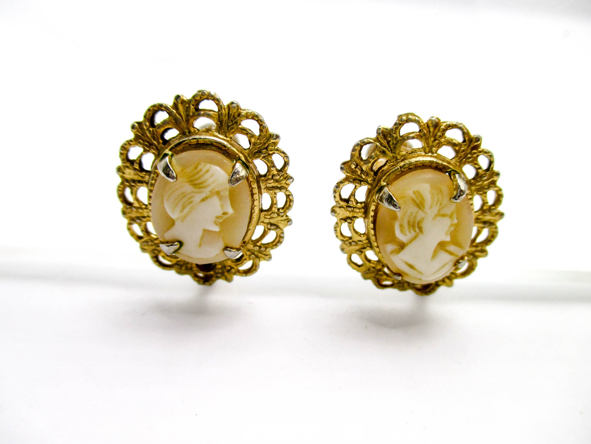 Carved Shell Cameo Earrings - Screw Back Style