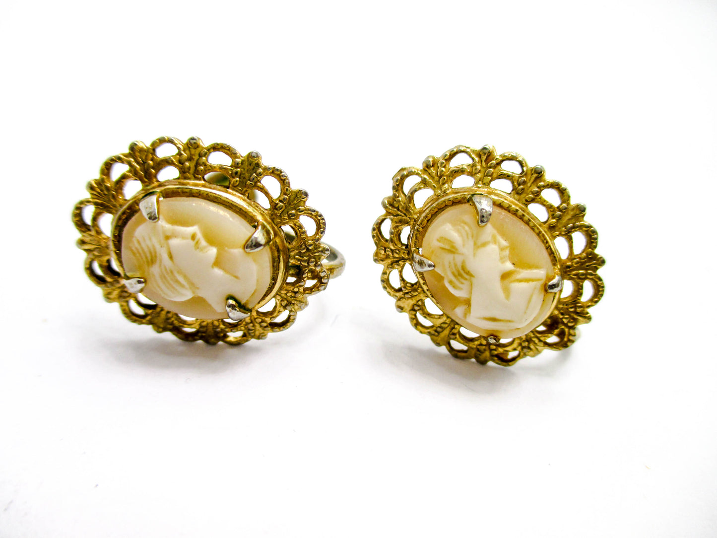 Carved Shell Cameo Earrings - Screw Back Style