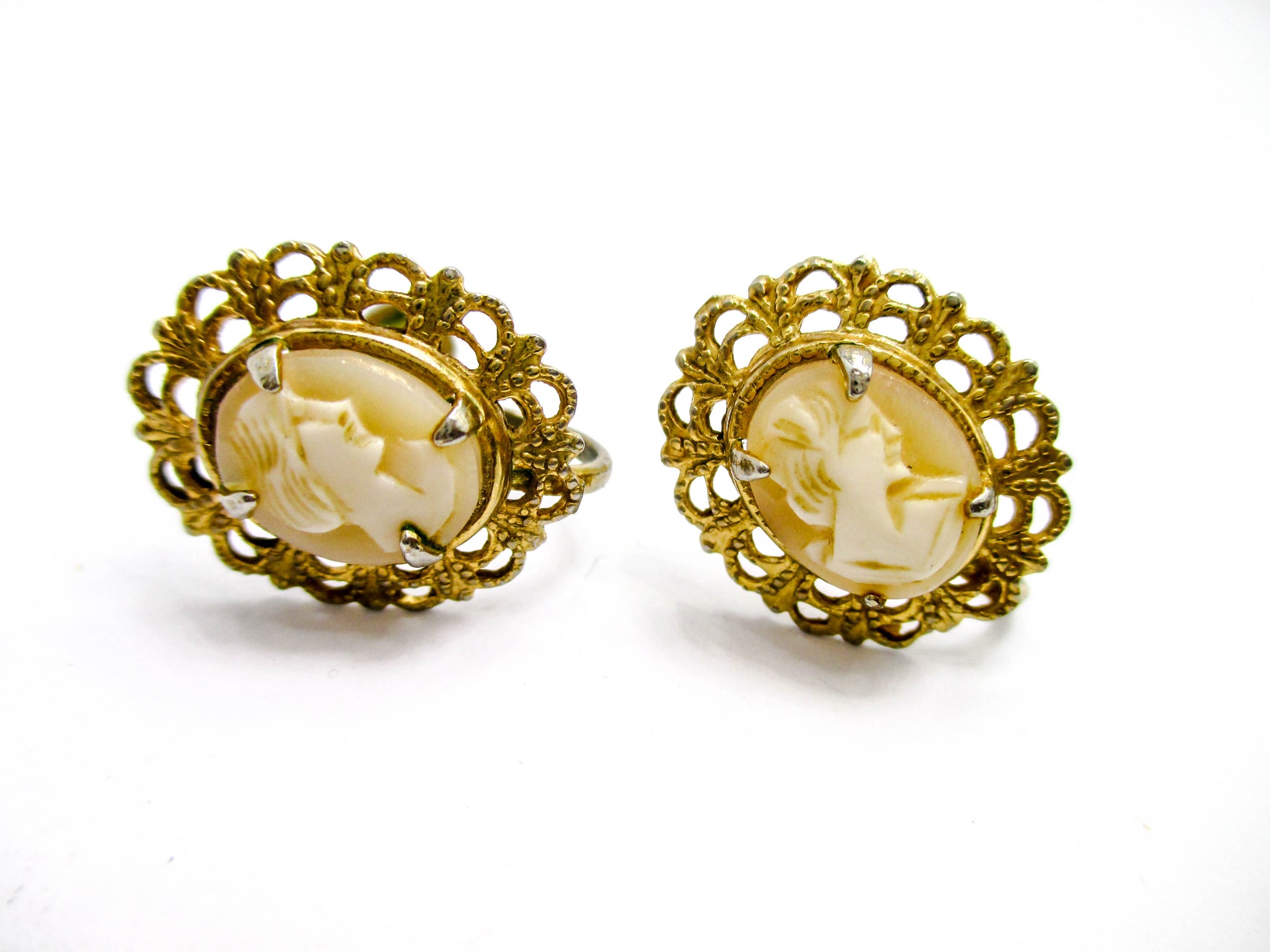 Carved Shell Cameo Earrings - Screw Back Style