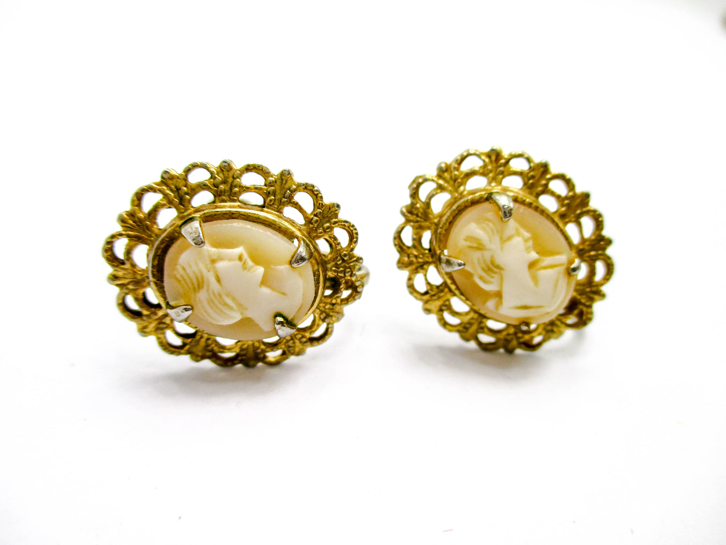 Carved Shell Cameo Earrings - Screw Back Style