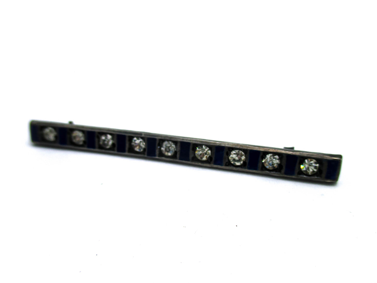 Blue Enamel and Rhinestone Bar Brooch Pin