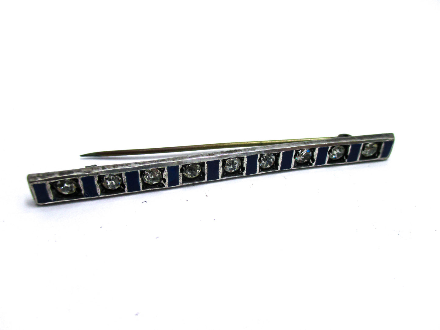 Blue Enamel and Rhinestone Bar Brooch Pin