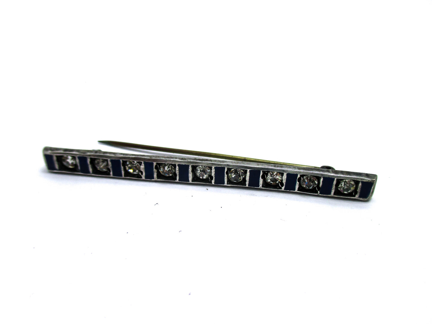 Blue Enamel and Rhinestone Bar Brooch Pin