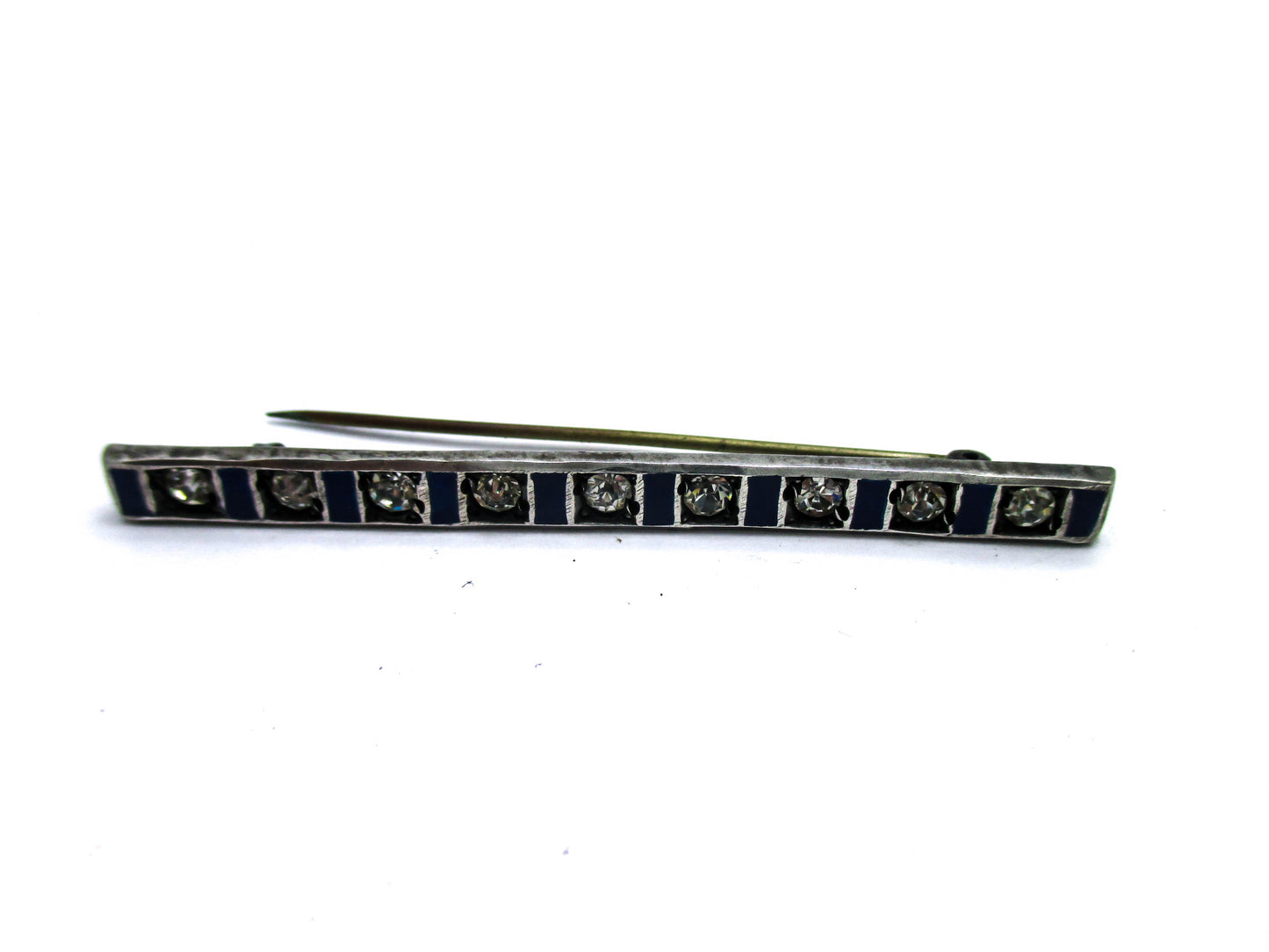 Blue Enamel and Rhinestone Bar Brooch Pin