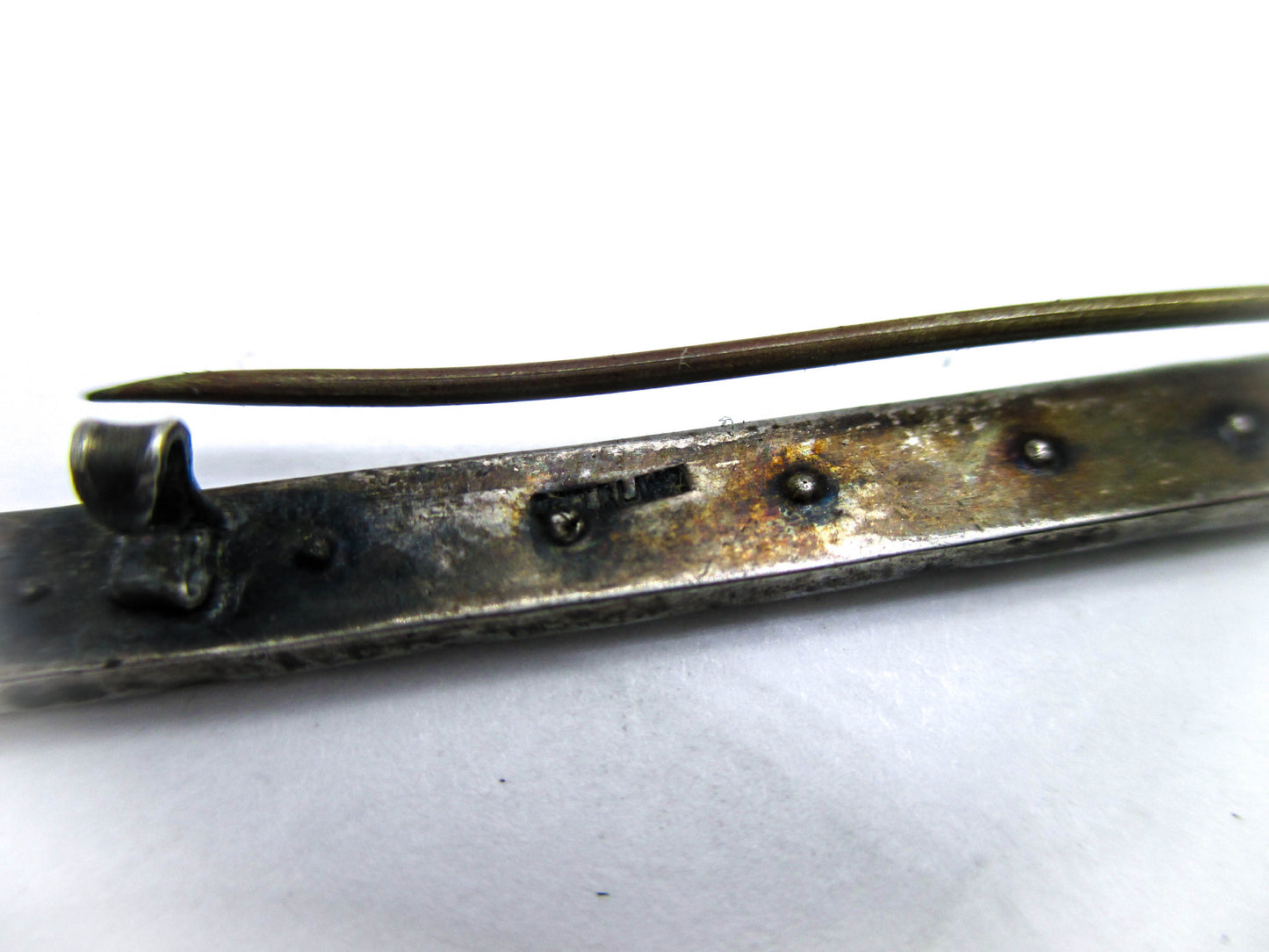 Blue Enamel and Rhinestone Bar Brooch Pin