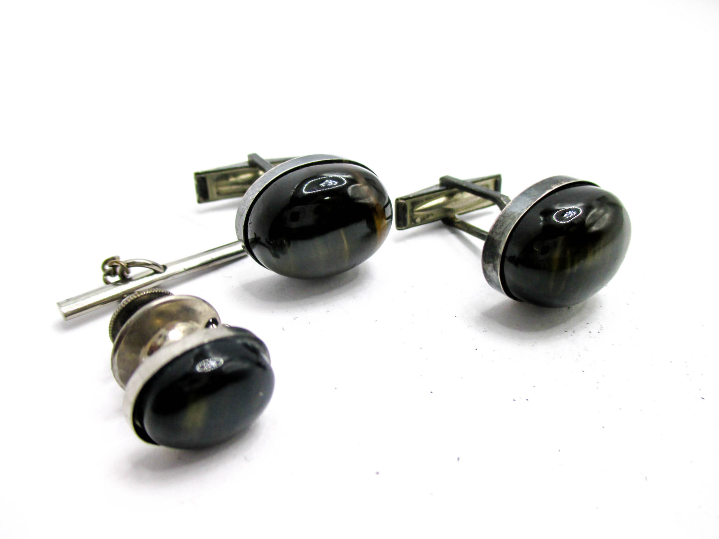Sterling and Black Tigers Eye Cabochon Cufflink Set