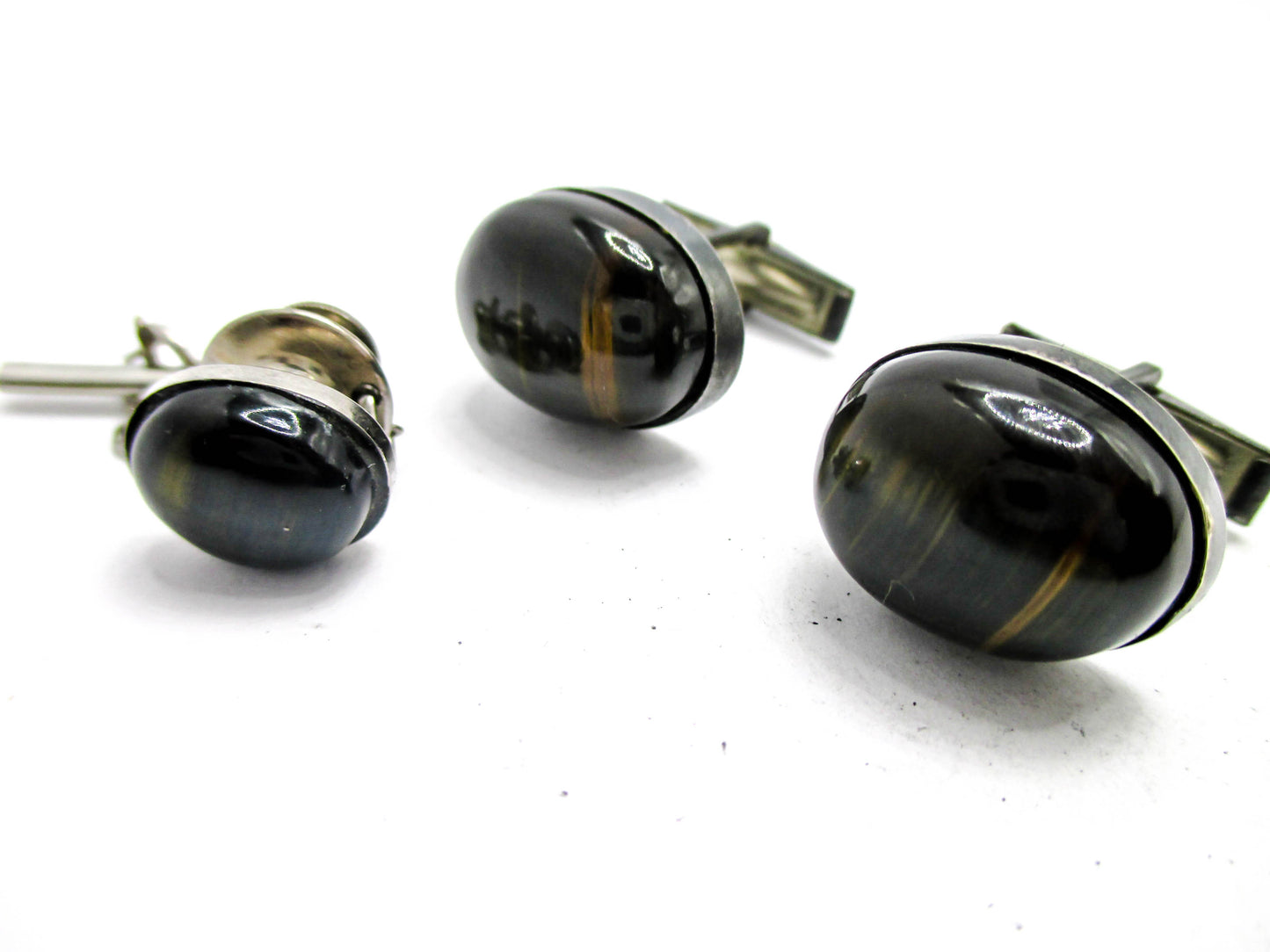 Sterling and Black Tigers Eye Cabochon Cufflink Set