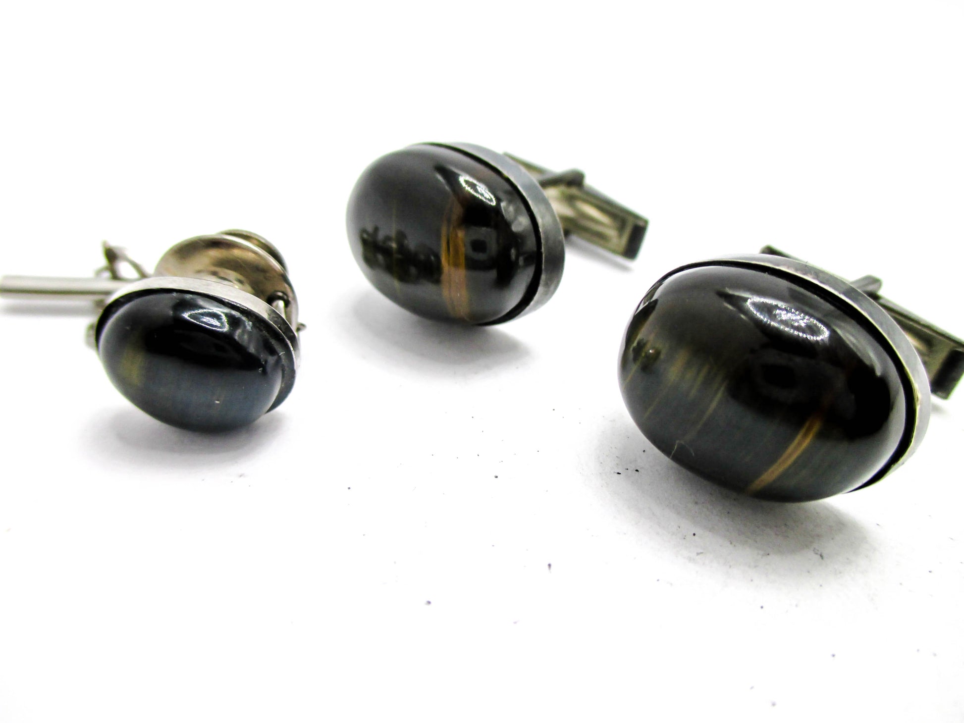 Sterling and Black Tigers Eye Cabochon Cufflink Set