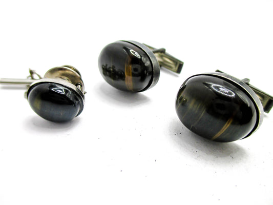 Sterling and Black Tigers Eye Cabochon Cufflink Set