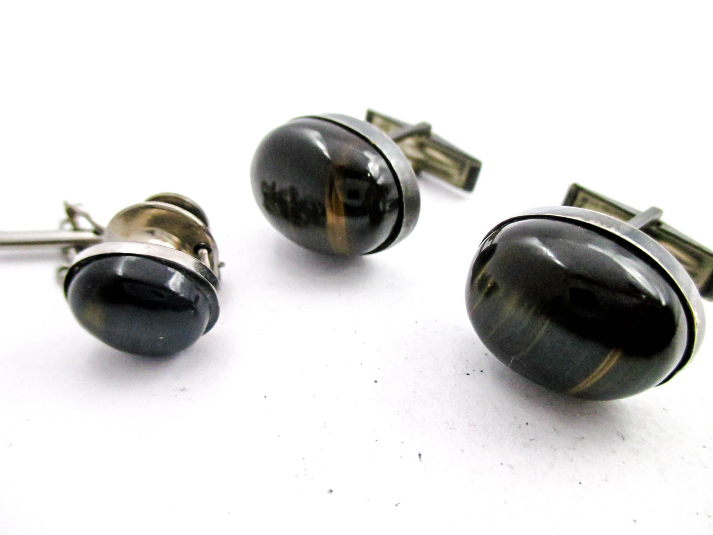 Sterling and Black Tigers Eye Cabochon Cufflink Set