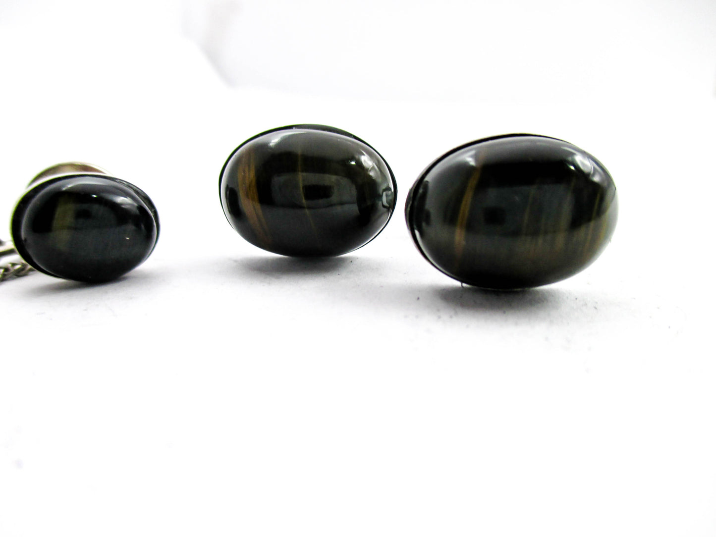 Sterling and Black Tigers Eye Cabochon Cufflink Set