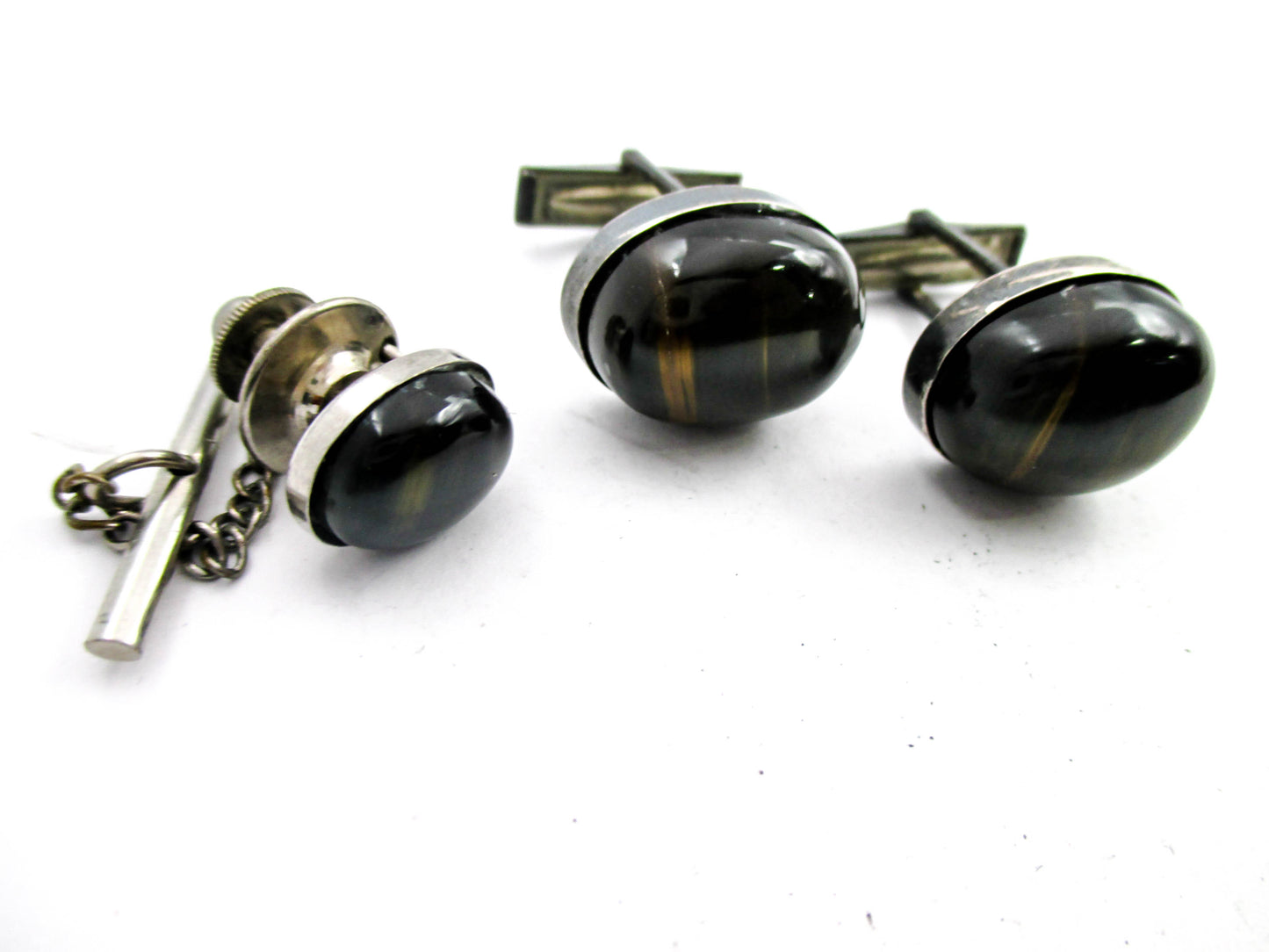 Sterling and Black Tigers Eye Cabochon Cufflink Set