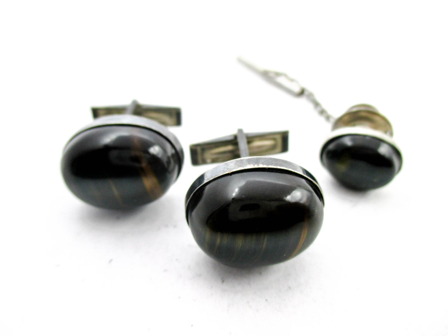 Sterling and Black Tigers Eye Cabochon Cufflink Set