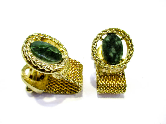 Nephrite Jade Cufflinks - Wraparound Mesh in High Gold Tone