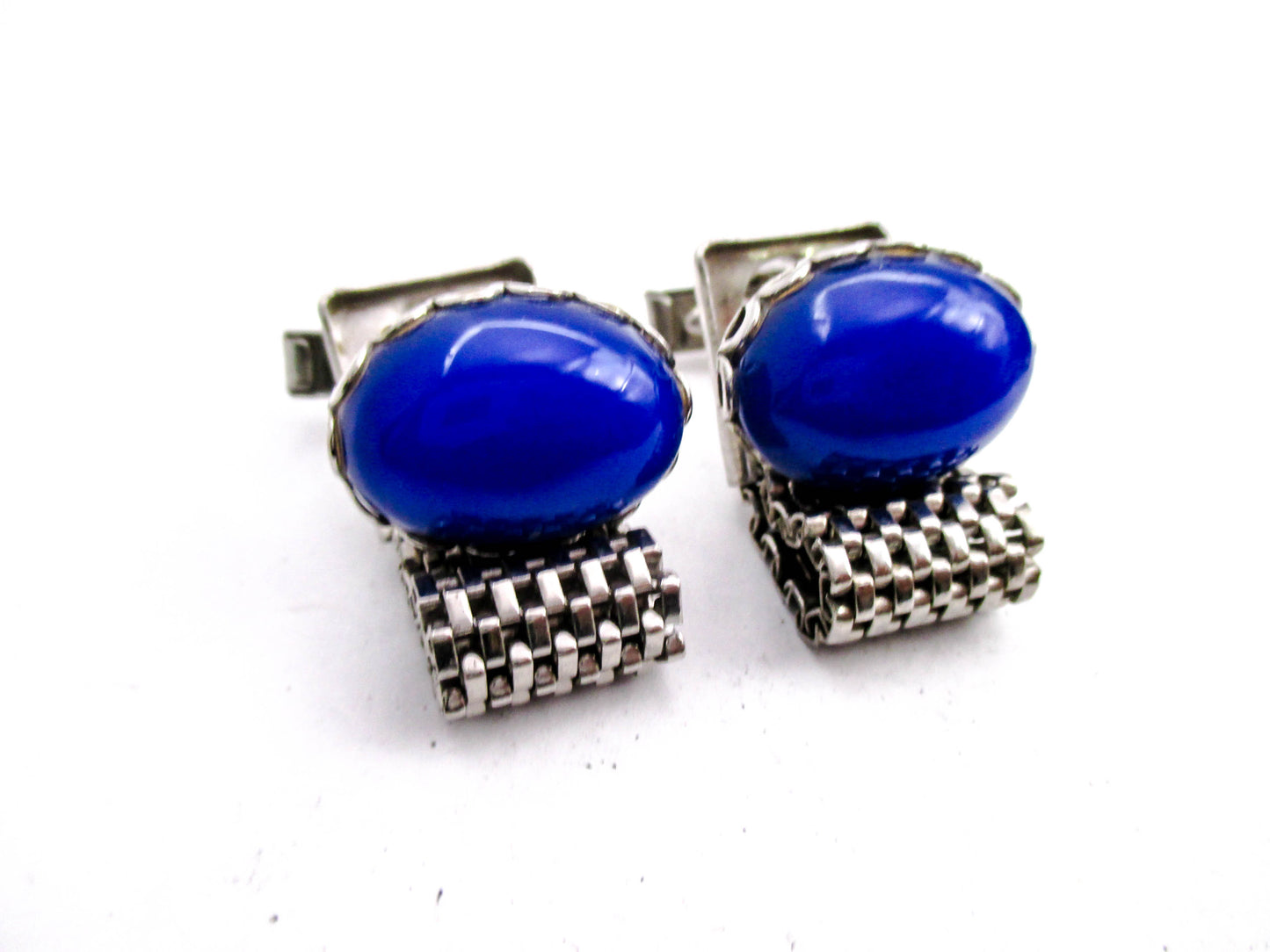 Blue Cabochon Wraparound Mesh Vintage Cufflinks
