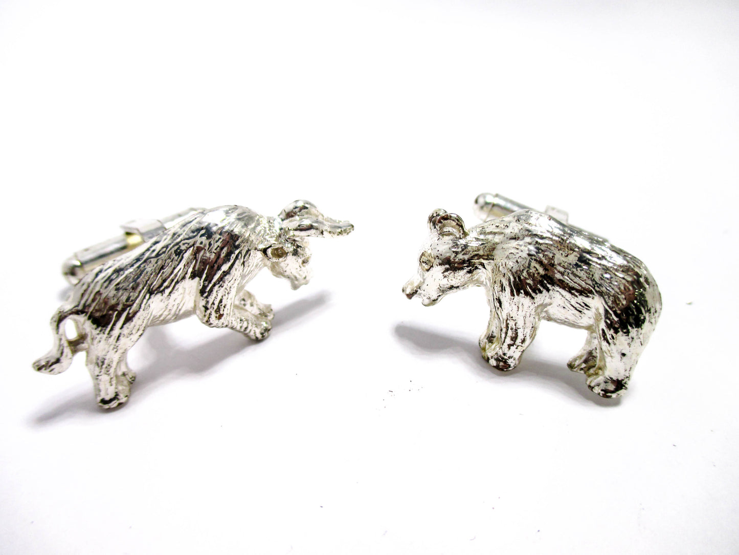 Bull and Bear Cufflinks in Silver Tone Metal