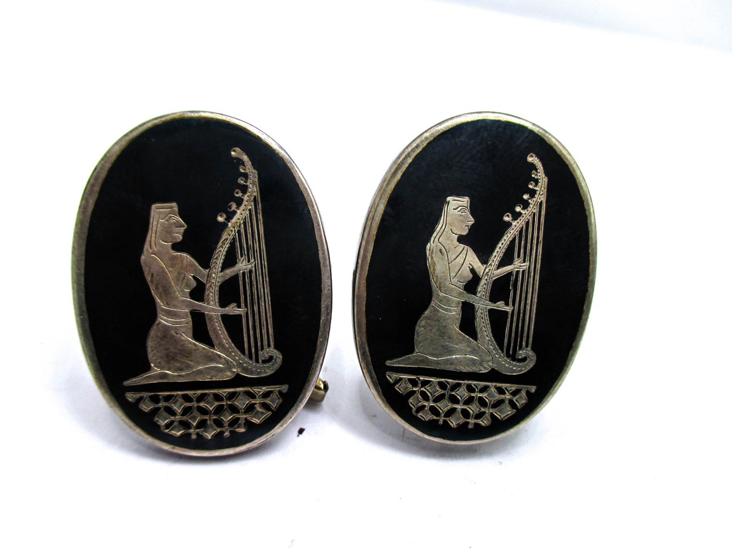 Siam Silver Niello Egyptian Revival Harp Cufflinks