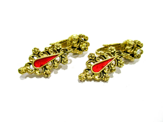 Vintage Gold Tone Dangle Drop Earrings - Beautiful Red Enamel Inlay