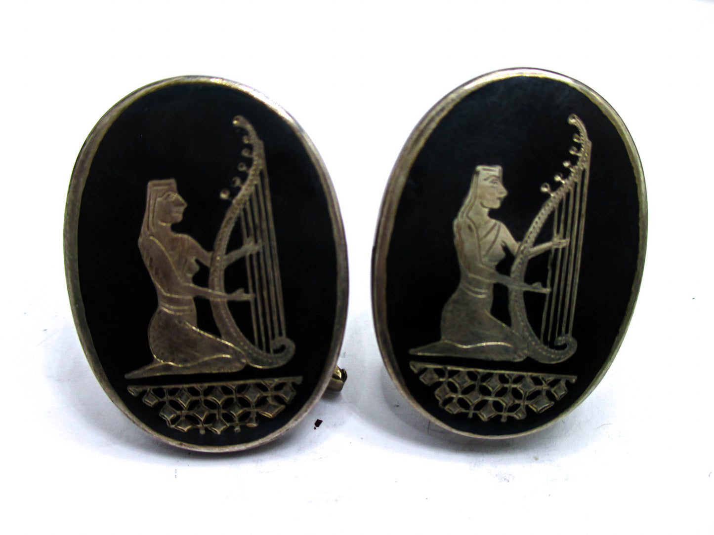Siam Silver Niello Egyptian Revival Harp Cufflinks