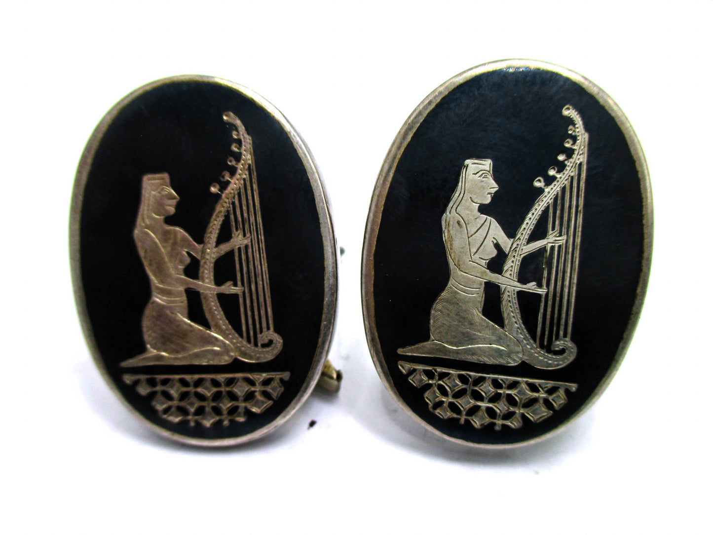 Siam Silver Niello Egyptian Revival Harp Cufflinks