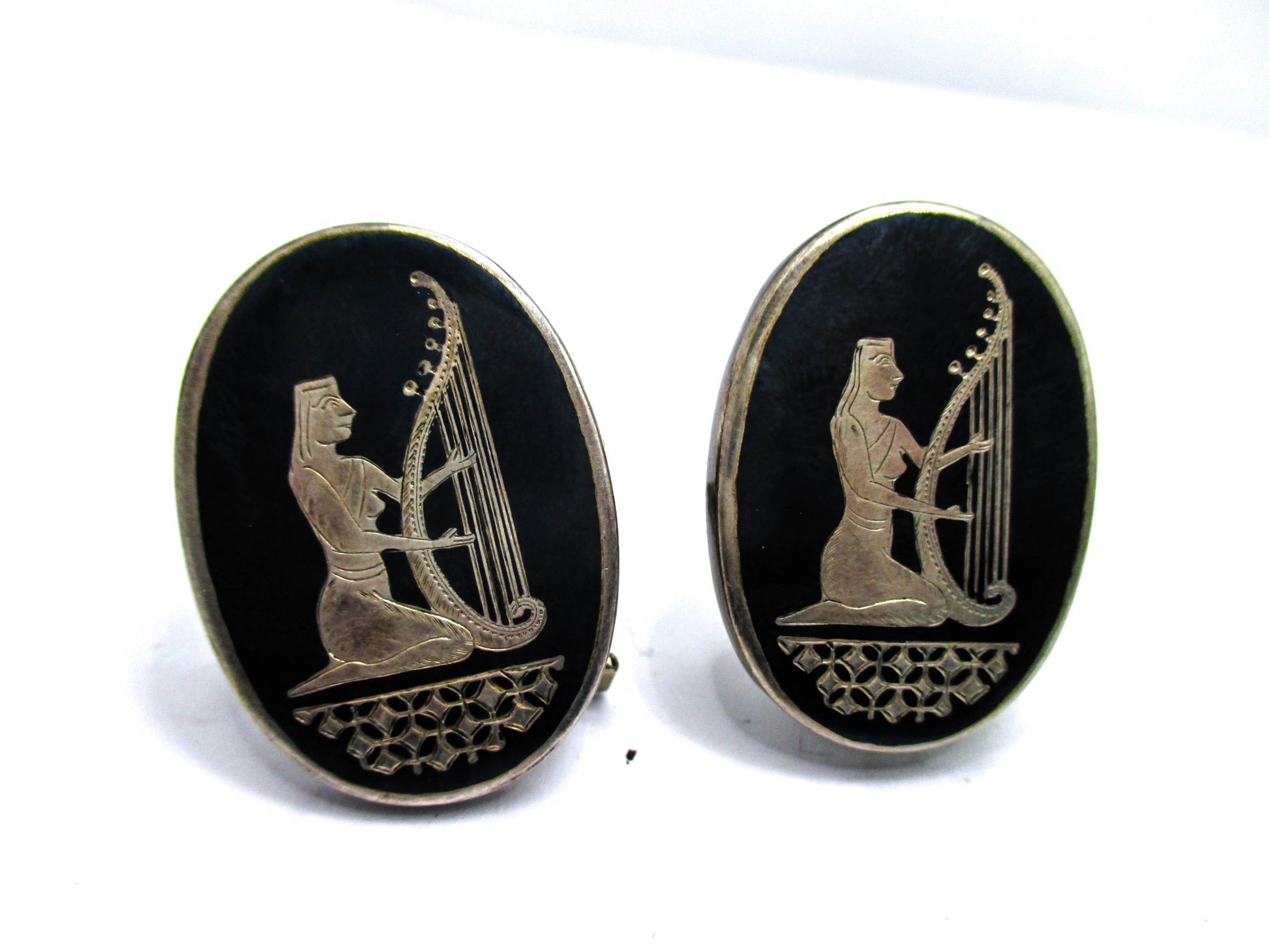 Siam Silver Niello Egyptian Revival Harp Cufflinks