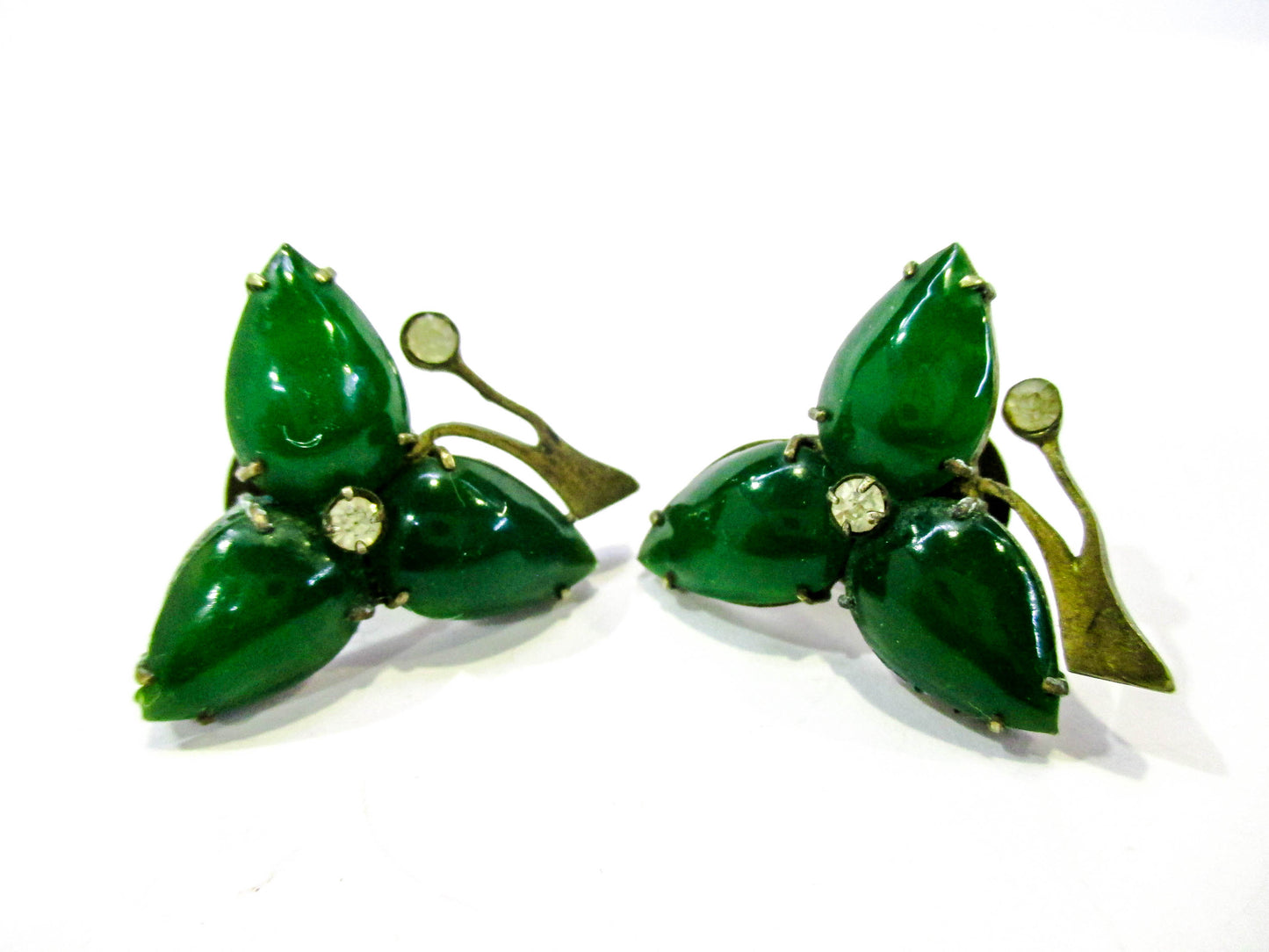 Antique Chinese Cuff Buttons - Emerald Jade Glass Leaves