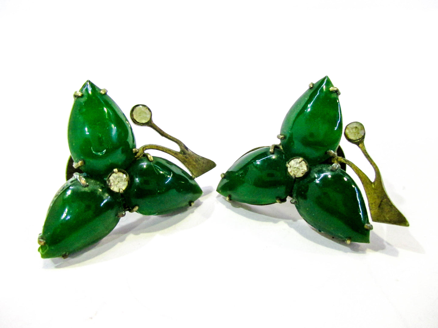 Antique Chinese Cuff Buttons - Emerald Jade Glass Leaves