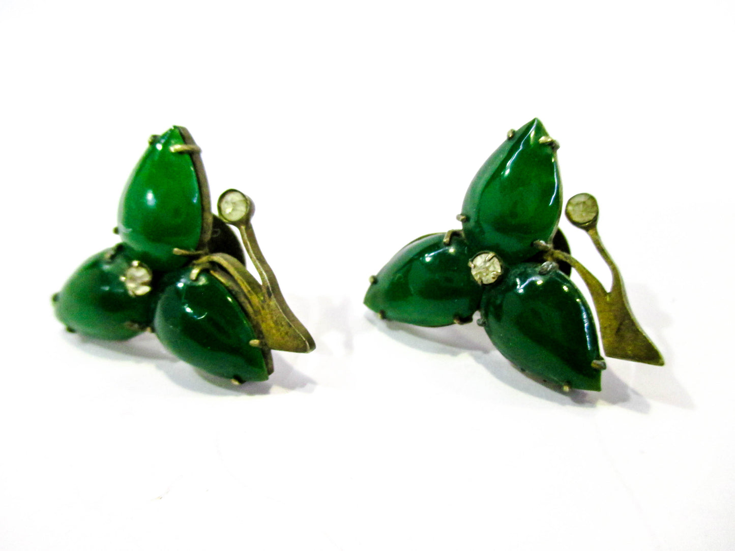 Antique Chinese Cuff Buttons - Emerald Jade Glass Leaves