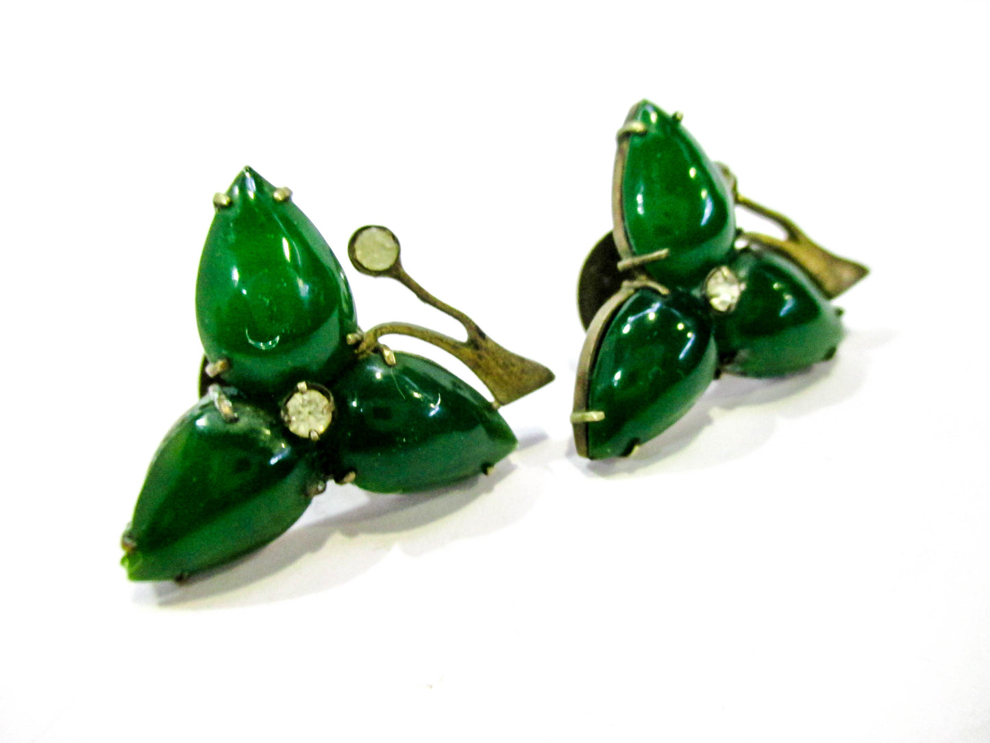 Antique Chinese Cuff Buttons - Emerald Jade Glass Leaves