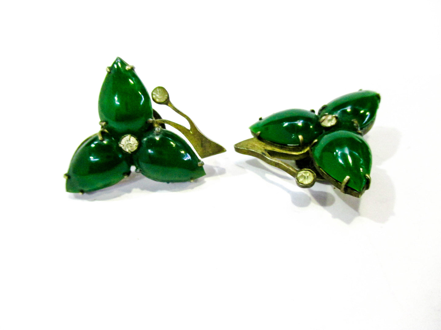 Antique Chinese Cuff Buttons - Emerald Jade Glass Leaves