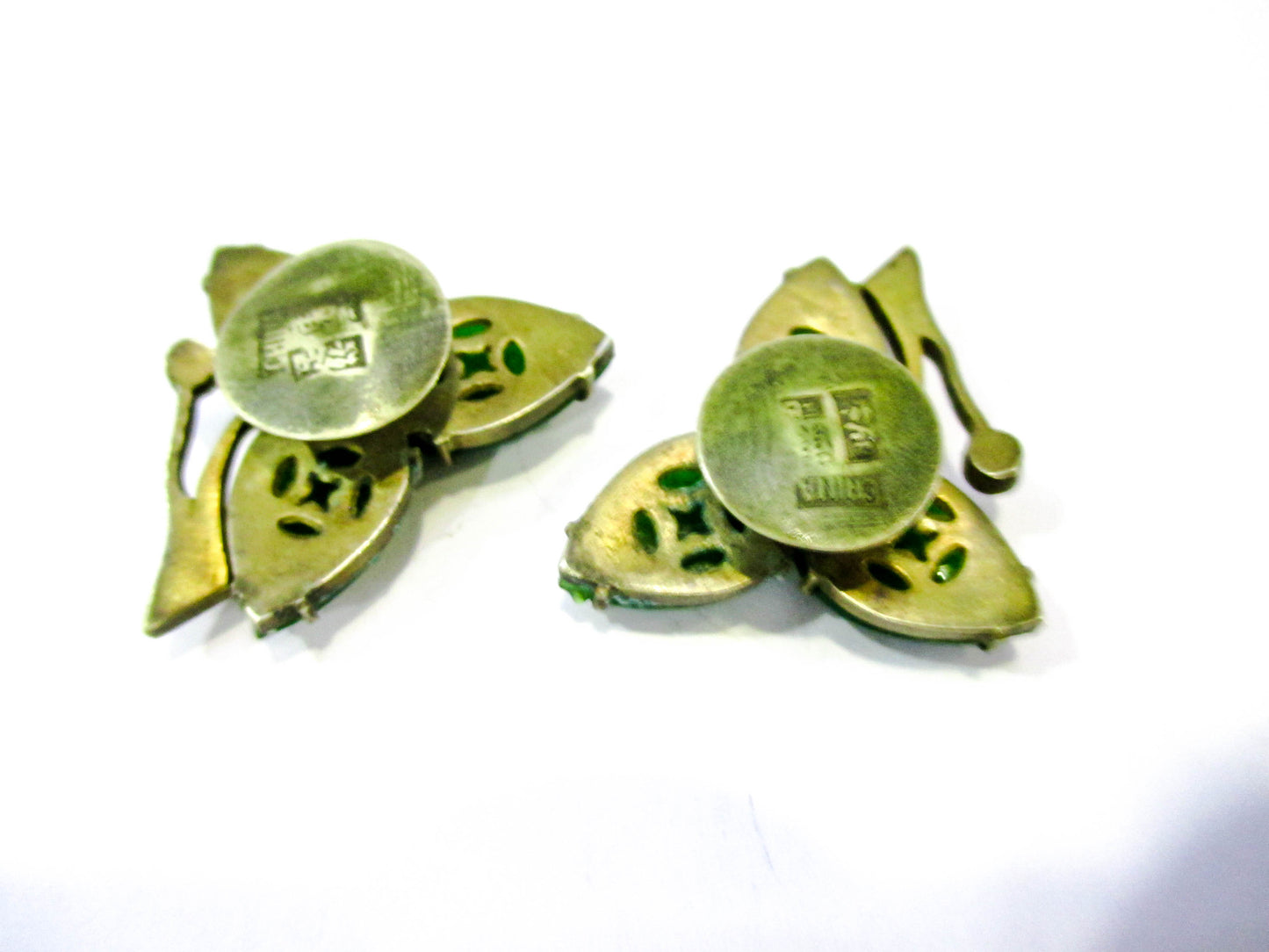 Antique Chinese Cuff Buttons - Emerald Jade Glass Leaves