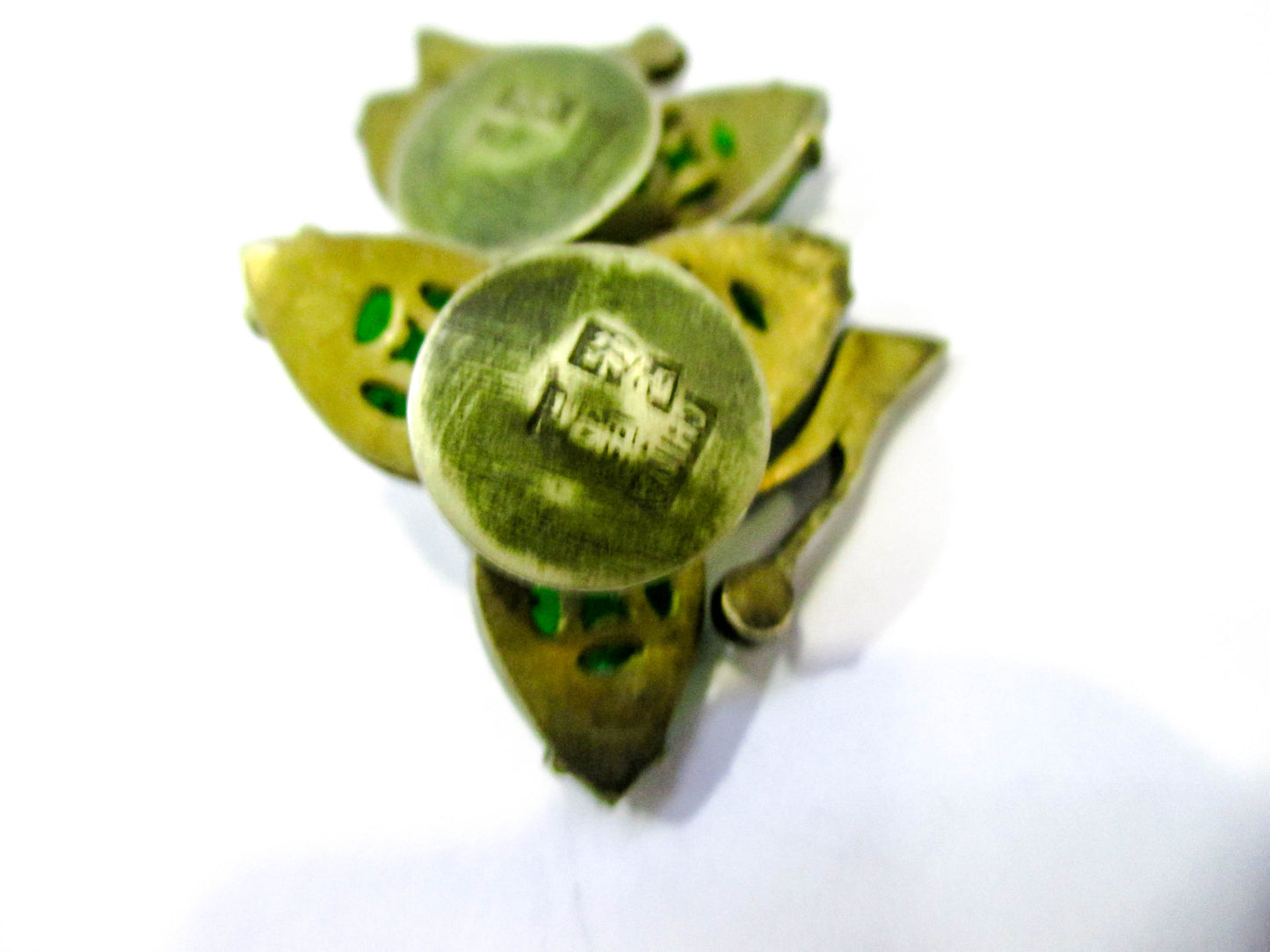 Antique Chinese Cuff Buttons - Emerald Jade Glass Leaves