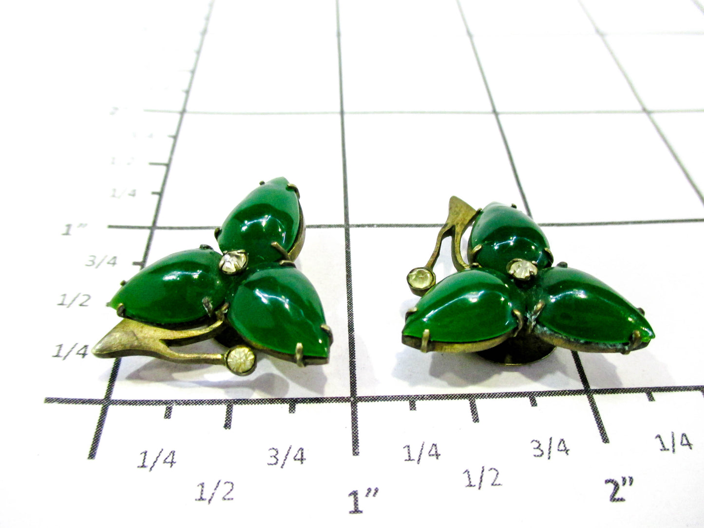 Antique Chinese Cuff Buttons - Emerald Jade Glass Leaves