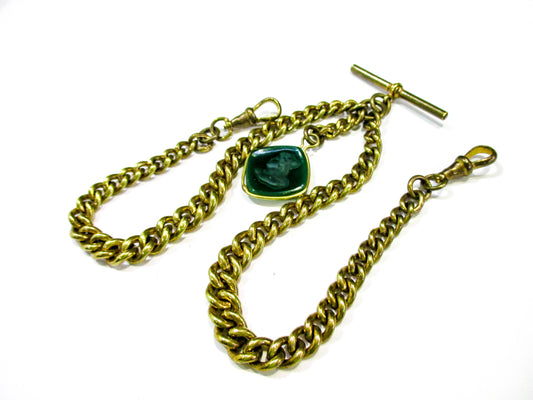 Antique Double Albert Watch Chain - Glass Intaglio Drop