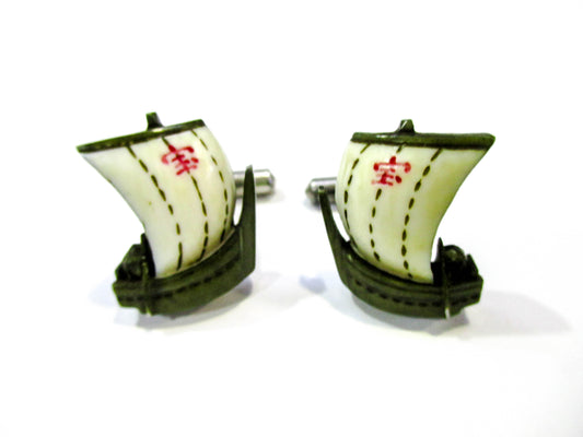 Japanese Treasure Ship Cufflinks - Rare Carved Boat Cuff Links