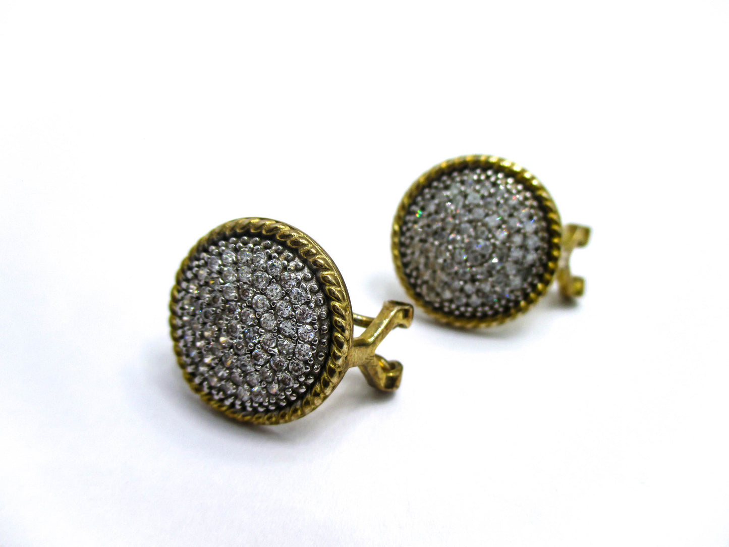 Pave Rhinestone Sterling Disc Pierced Earrings