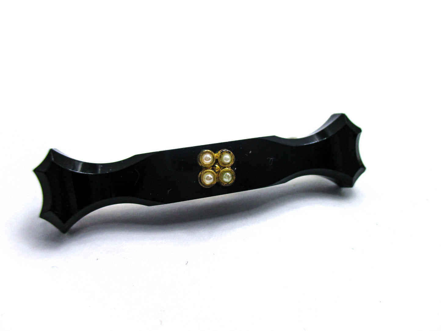 Antique Mourning Pin - French Jet Glass and Seed Pearls