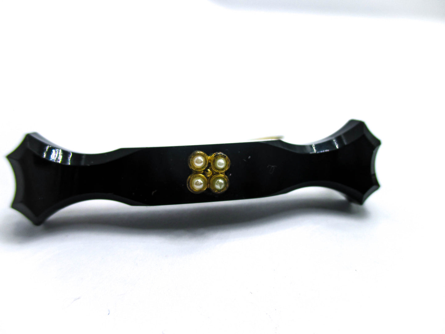 Antique Mourning Pin - French Jet Glass and Seed Pearls