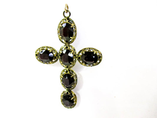 Old Garnet Red Rhinestone Filigree Cross Pendant