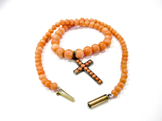 Antique Coral Bead Choker Necklace - Silver Cross - 10K Gold Locking Clasp