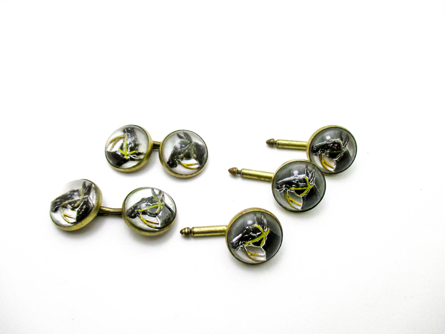 1930s Equestrian Jewelry - Reverse Painted Horse Cufflinks and Studs