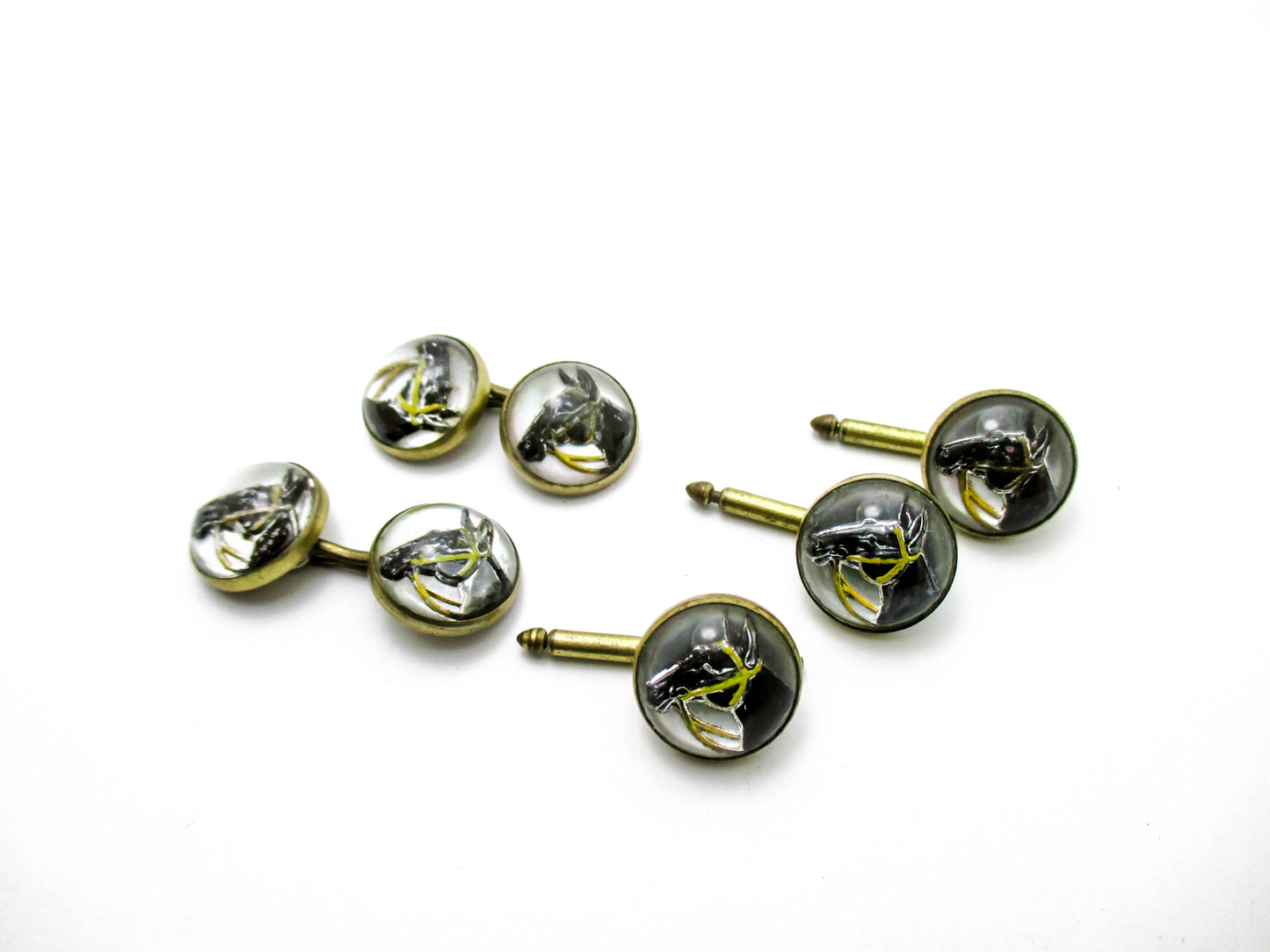 1930s Equestrian Jewelry - Reverse Painted Horse Cufflinks and Studs